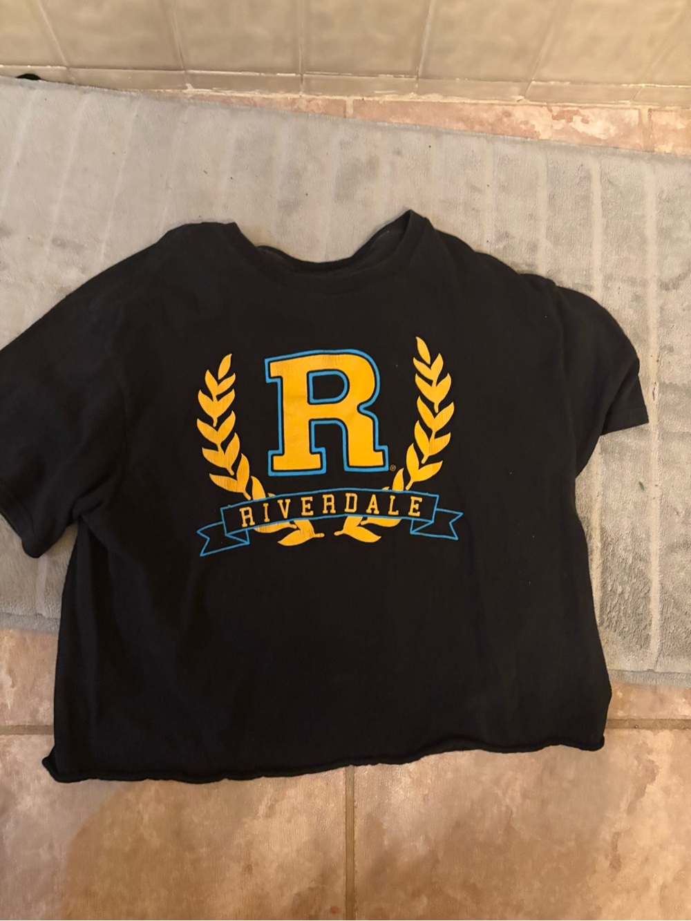 Riverdale Black Graphic Crop Top with Gold & Blue Emblem